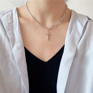 Multilayers Punk Chains Cross Necklace Couple Fashion Street Hip Hop Geometric Metal Pendant Necklaces for Women