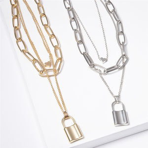 Multi Layer Lover Lock Pendant Choker Necklace Steampunk Padlock Heart Chain Necklace Collier Best Couple Jewelry Gift