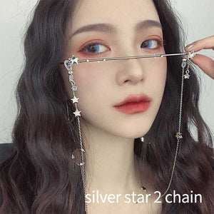 Q Eyeglasses Frame For Women Water Drop Lens Less Chain Pearl Pendant Half Frame Luxury Diamond Glasses Shades