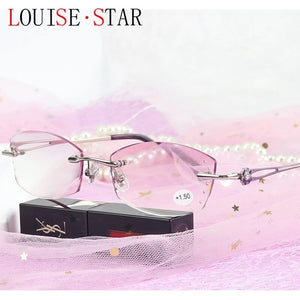 β Titanium Myopia Sunglasses Ladies Rimless Diamond Butterfly Frame Flat Lens Progressive With Prescription Diopter Astigmatism