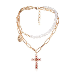 Punk Multi Layered Pearl Choker Necklace Collar Statement Virgin Mary Coin Crystal Pendant Necklace Women Jewelry
