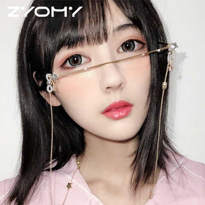 Q Eyeglasses Frame For Women Water Drop Lens Less Chain Pearl Pendant Half Frame Luxury Diamond Glasses Shades