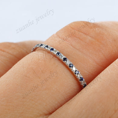 Half Eternal 0.12CT Natural Diamonds Sapphires Anniversary Wedding Band Solid 10k White Gold Women Engagement Ring Thin Design