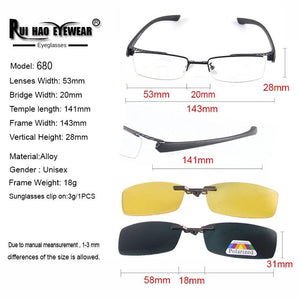Half Rimless Eyeglasses Men Frames Optical Eyewear Frame Spectacles 2 Polarized Sunglasses Clip on Yellow Night Vision Glasses