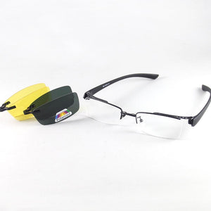 Half Rimless Eyeglasses Men Frames Optical Eyewear Frame Spectacles 2 Polarized Sunglasses Clip on Yellow Night Vision Glasses