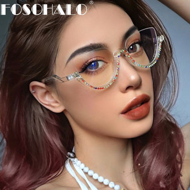 Half-frame Anti-blue Light Glasses Women Diamond Computer Glasses Men Cat Eye Optical Frames One Piece Myopia Frame Spectale