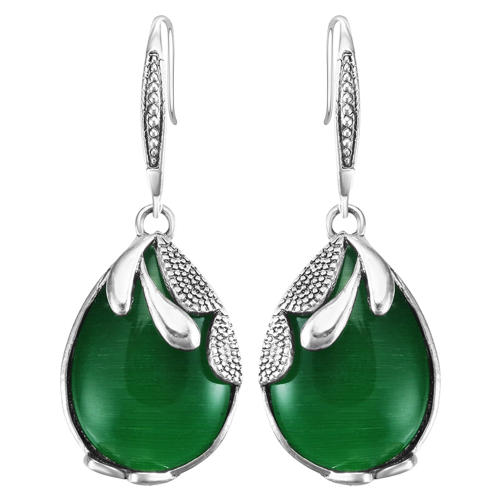 Hand Made Fashion Natural Stone Green Opal Earrings silver color Dangle Drop Earrings For Women 2017 vintage earring