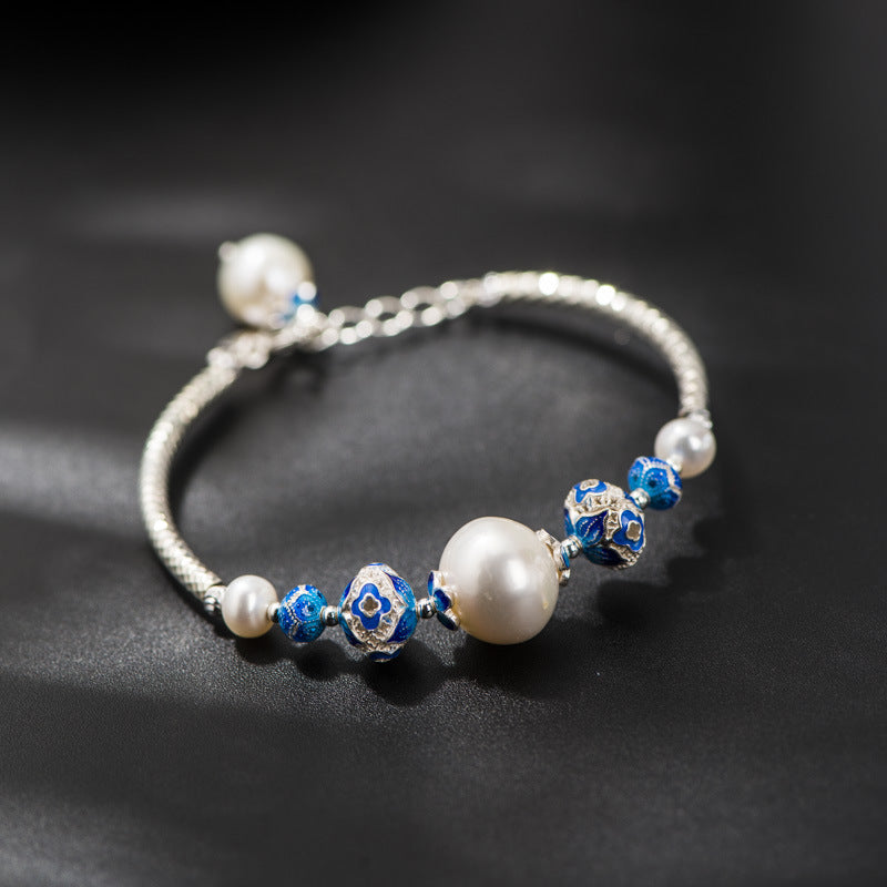Hand-woven Pearl Bracelet Silver 925 Sterling Silver Bracelet Cloisonne Natural Pearl Beads Jewelry