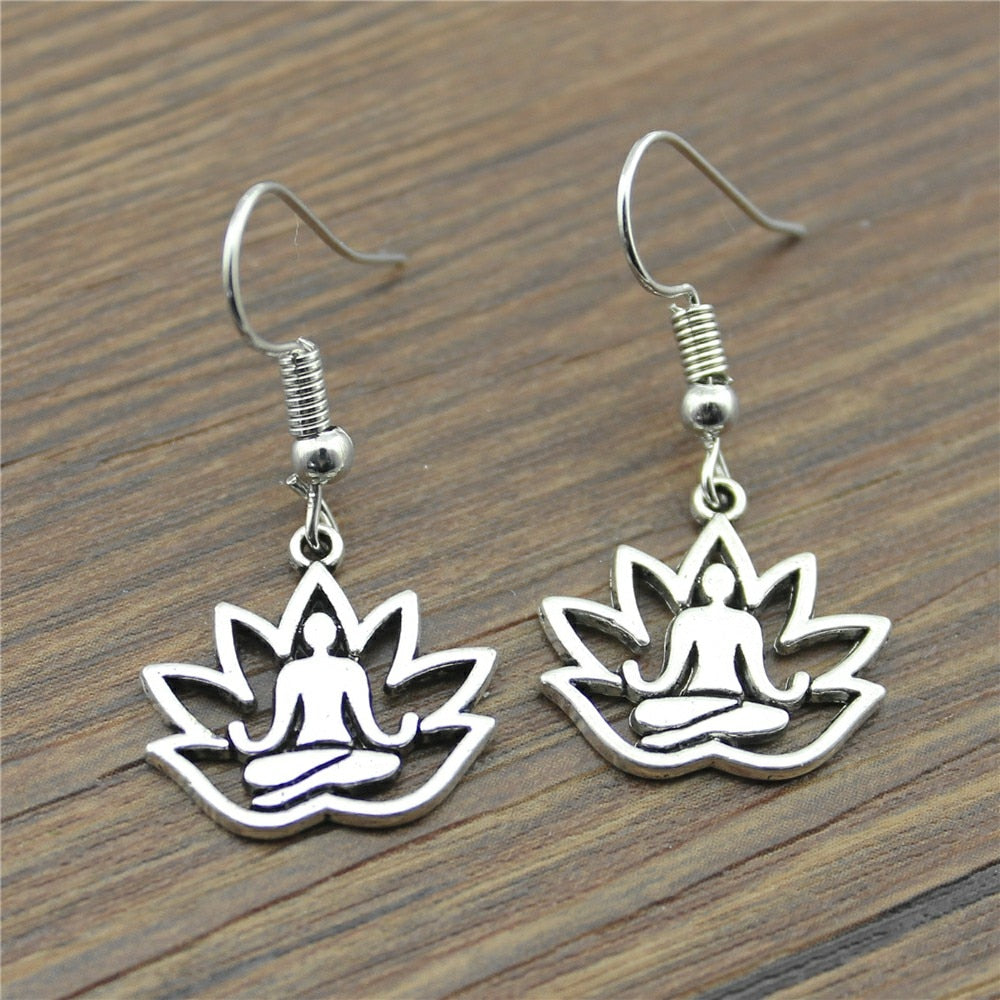 Handmade Antique Silver Color Buddha Statue in Lotus Drop Earrings