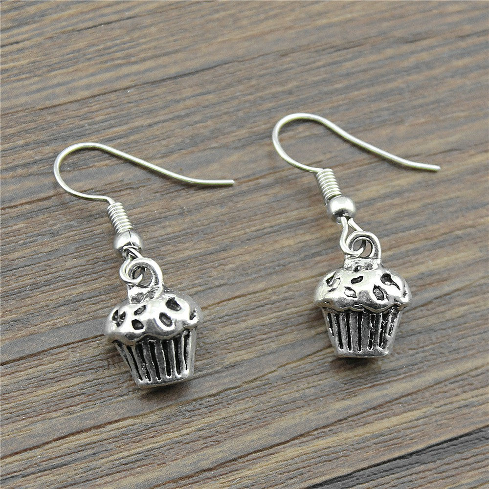 Handmade Antique Silver Color Cute 3D Cupcake Drop Earrings For Girls