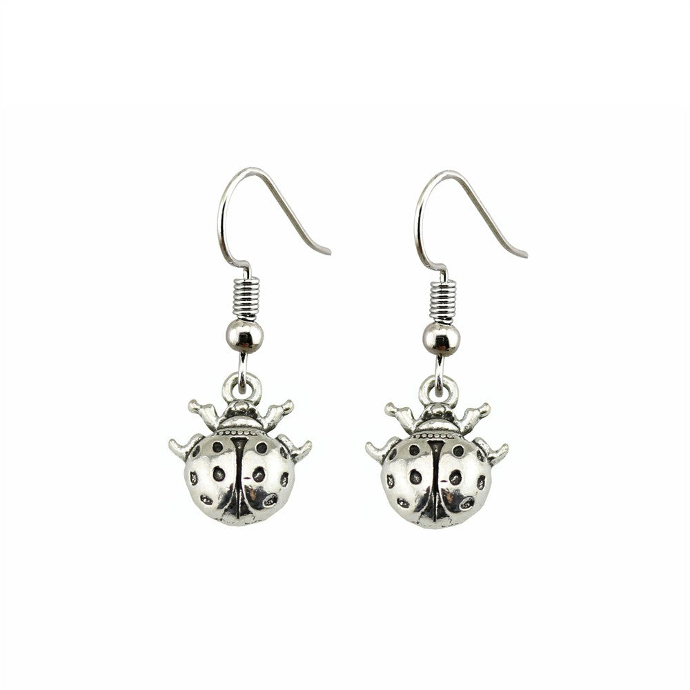 Handmade Antique Silver Color Cute Small Ladybug Drop Earrings For Girls
