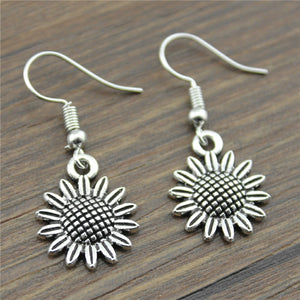 Handmade Antique Silver Color Cute Tiny Sunflower Drop Earrings For Girls