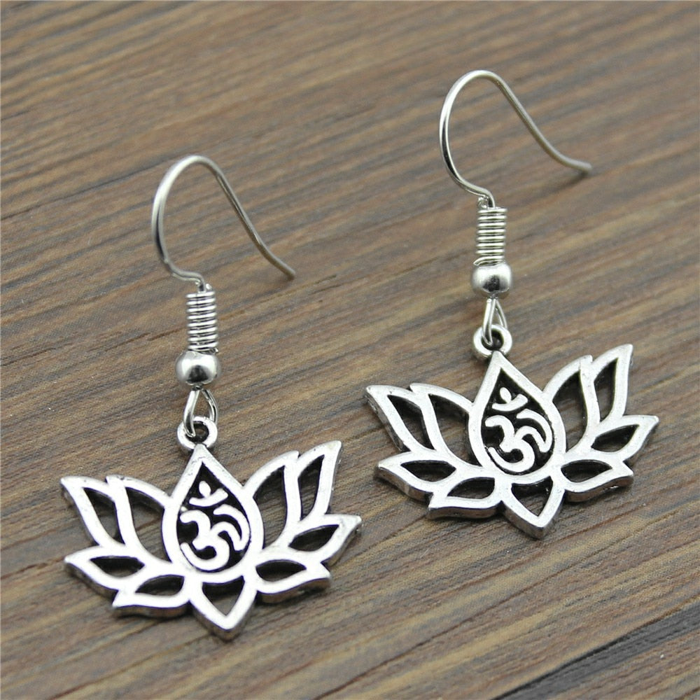 Handmade Antique Silver Color Fashion Yoga OM Lotus Drop Earrings For Women