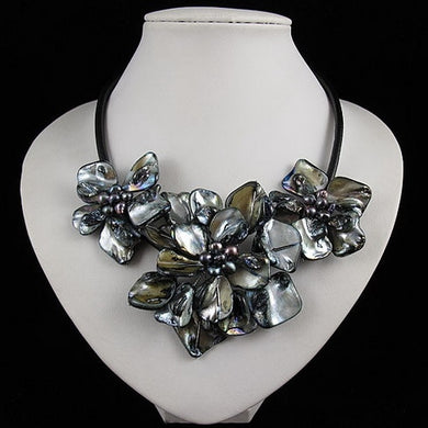 Handmade Black Color Shell Flower Necklace,Genuine Pearl Shell Flower Real Leather ,Perfect Jewellery For Women