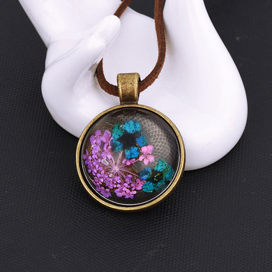 Collana di fiori secchi con mezza palla di vetro fatta a mano, pendente con palla di vetro, collana di gioielli in linea di velluto coreano 