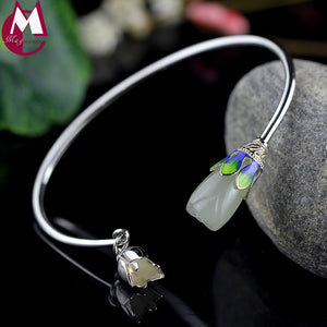 Handmade Hollow Flower Jade Bracelets &Bangle 925 Sterling Silver Bangle For Women Enamel Magnolia Bracelet With Gemstones SB46