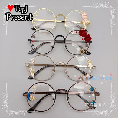 Handmade Lolita Sister Sweet Japanese Harajuku Girl's round Frame Cherry Blossom Star Moon Fairy Rabbit  Round  glasses