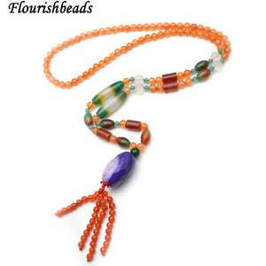 Handmade Mix color Agate Stone Beads Tassel Pendant Long Chains Necklace Fashion Party Jewelry