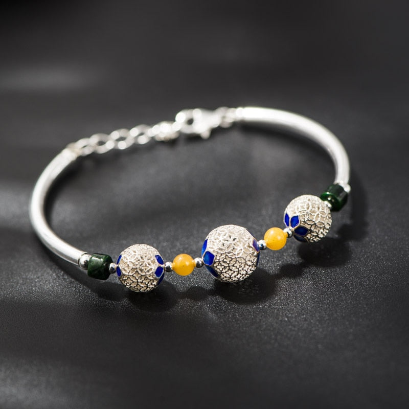 Handmade Silver Bracelet Female Silver Jewelry Wholesale 925 Sterling Silver Inlaid Cloisonne Beads Bracelet