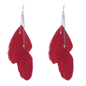 Handmade Vintage Boheme Earrings Long Feathers Earrings Red