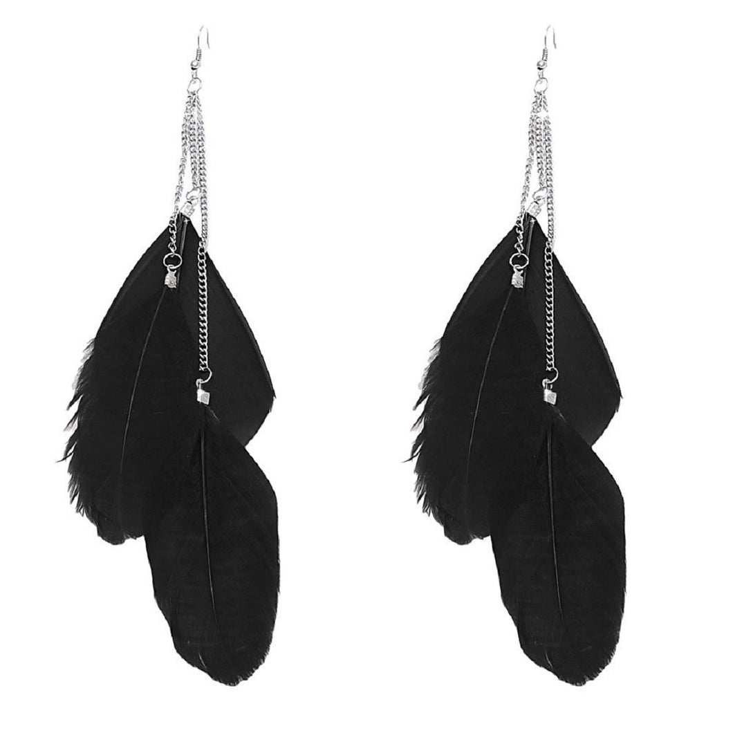 Handmade Vintage Boheme Earrings Long Feathers Earrings black