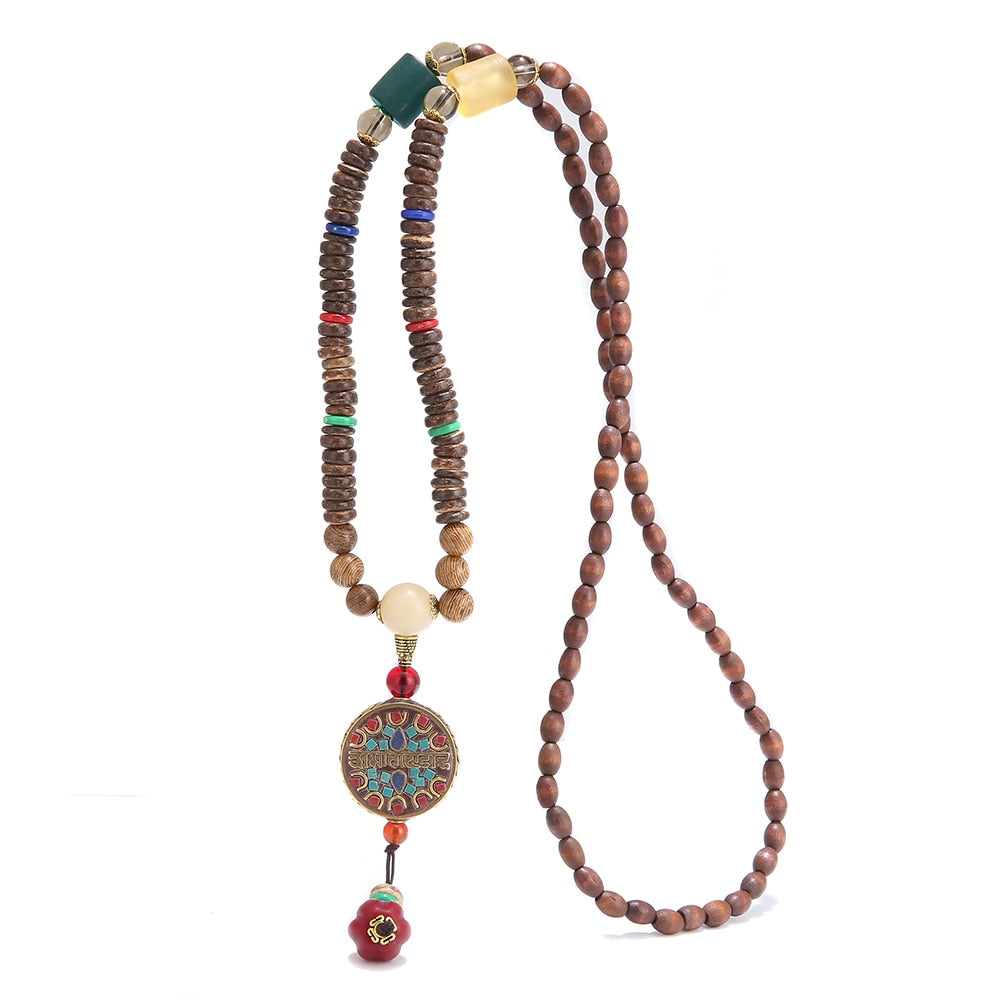 Handmade Vintage Nepal Buddhist Mala Wood Beads Necklaces Buddha om mani padme hum Pendants Ethnic Necklace Women 1697