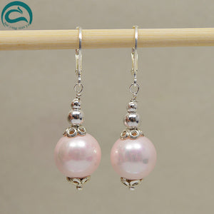 Handmade Work Shell Pearl Earrings Silver 925 Logo Pink Color Round Sea Shell Pearl Dangles Earrings For Women