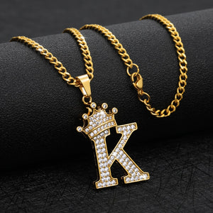 Crystal Zircon Alphabet Pendant Necklaces For Women Men Crown Initial Letter Necklace Hip Hop Gold Chain Jewelry Collier Bijoux