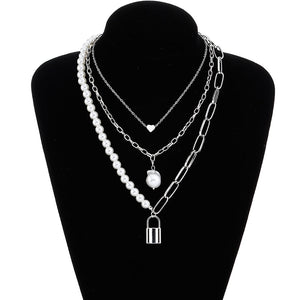 Fashion 2 Layers Pearls Geometric Pendants Necklaces For Women Gold Metal Snake Chain Necklace New Design Jewelry Gift