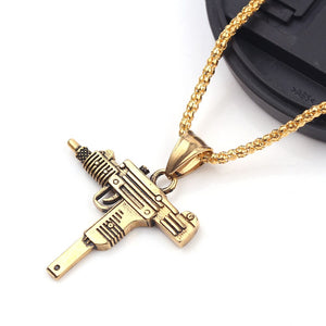 Cool Gothic Hip Hop UZI Kolye GUN Shape Pendant Necklace Gold Black Silver Color Army Style Male Chain Men Necklaces  Jewelry