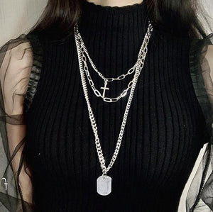 2020 Personality Hip Hop Multilayer Necklace Metal Cross Pendant Silver Color Chain Necklace for Women Men Unisex Jewelry