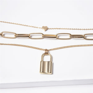 Multi Layer Lover Lock Pendant Choker Necklace Steampunk Padlock Heart Chain Necklace Collier Best Couple Jewelry Gift