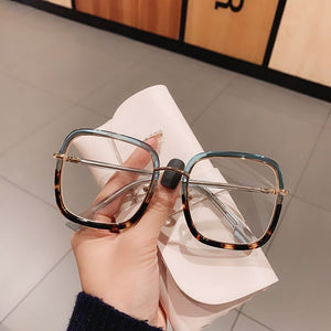 Green Clear Print Square Anti-blue Light Eyeglasses For Women Alloy Leopard Oversize Computer Myopia Glasses Frame Female Shades
