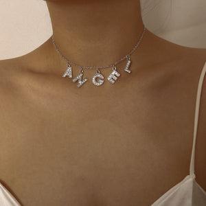 Crystal Letter Angel Necklace Gothic Simple Silver Color Shiny Rhinestones Link Chain Pedant Necklace Choker Collar Jewelry