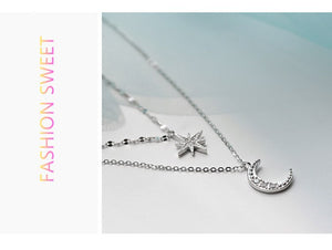 Fashion Silver Plated  Moon and Star Double Layer Chain Link Pendant Necklaces for Women Fine Jewelry