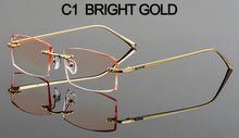 Carica l&#39;immagine nel visualizzatore di Gallery, Gmei Optical Rectangle Golden Titanium Alloy Men&#39;s Diamond Trimming Rimless Glasses Frame Gradient Brown Tint Plano Lenses Q6607