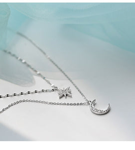 Fashion Silver Plated  Moon and Star Double Layer Chain Link Pendant Necklaces for Women Fine Jewelry