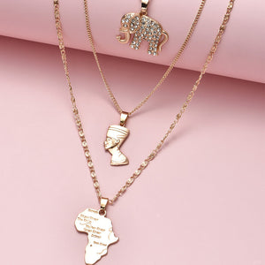 3 Pcs/Set Vintage Crystal Elephant Pyramid Ancient Egyptian Pharaoh Map Pendant Multilayer Gold Necklace Punk Lady Jewelry Gifts