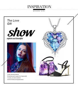Women Silver Color Necklace Embellished with Crystals from Swarovski Necklace Angel Wings Heart Pendant Valentines Gift