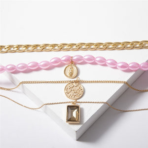Punk Multi Layered Pearl Choker Necklace Collar Statement Virgin Mary Coin Crystal Pendant Necklace Women Jewelry