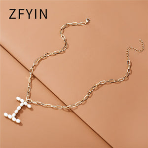ZFYIN 2020 New Trendy Jewelry Fresh Water Pearl Alphabet Letters Initials  Pendant Necklaces for Women