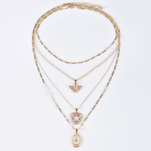 4Pcs/Set Women Necklaces Angel Heart Pink Crystal Virgin Mary Pendant Clavicle Chain Multilayer Gold Necklace Set Jewelry Gift