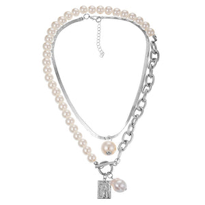 Fashion 2 Layers Pearls Geometric Pendants Necklaces For Women Gold Metal Snake Chain Necklace New Design Jewelry Gift