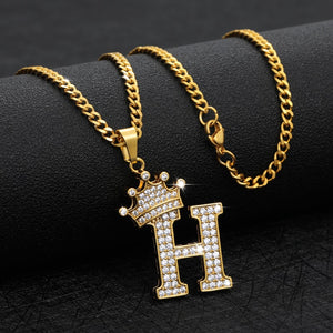 Crystal Zircon Alphabet Pendant Necklaces For Women Men Crown Initial Letter Necklace Hip Hop Gold Chain Jewelry Collier Bijoux