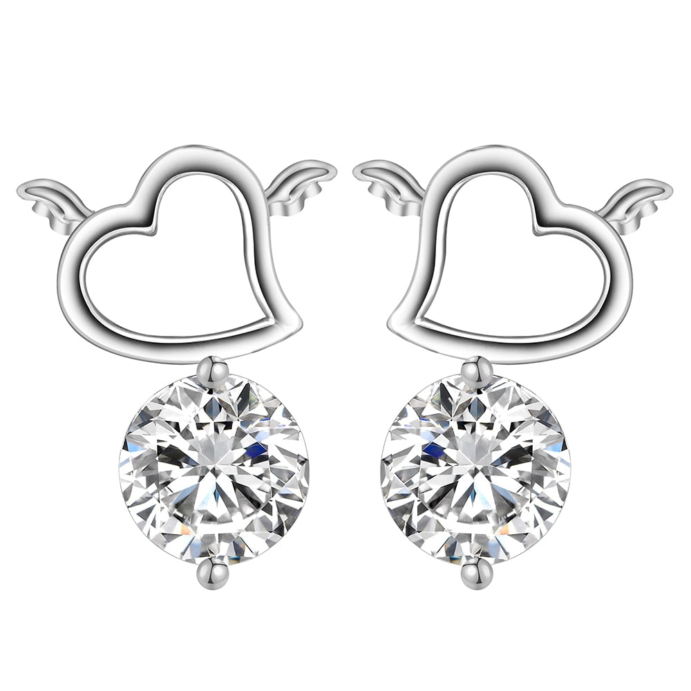 Heart Angel Wings Stud Earrings for Women white clear stone Crystal Silver color Brinco Earring wedding gift drop shipping