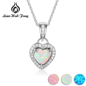 Heart Shape White Pink Blue Opal Necklaces & Pendants with Cubic Zirconia 925 Sterling Silver Jewelry Fine Gift (Lam Hub Fong)
