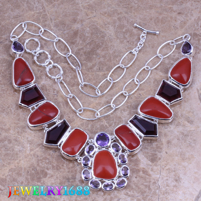 Heavenly Red Natural Stone Purple Cubic Zirconia 925 Sterling Silver Grade Necklace L712