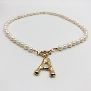 Real Pearl Necklace Choker Alphabet A-Z Initial Pearl Necklace Stainless Steel Buckle GoldColor Pendant Freshwater Pearl Jewelry