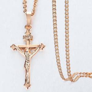 Cross Crucifix Clear Crystal Pendant Necklace for Men Women 585 Rose Gold Prayer Jesus Snail Link Chain Wholesale Jewelry GPM26