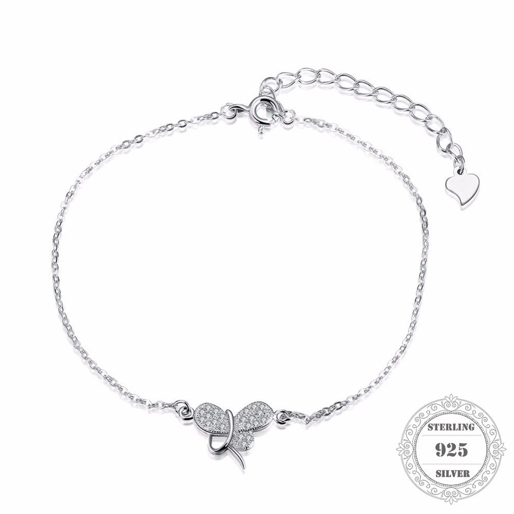 100% 925 Sterling Silver Butterfly Charm Bracelets & Bangles, 22CM Fine Jewelry Gift for Women PB051